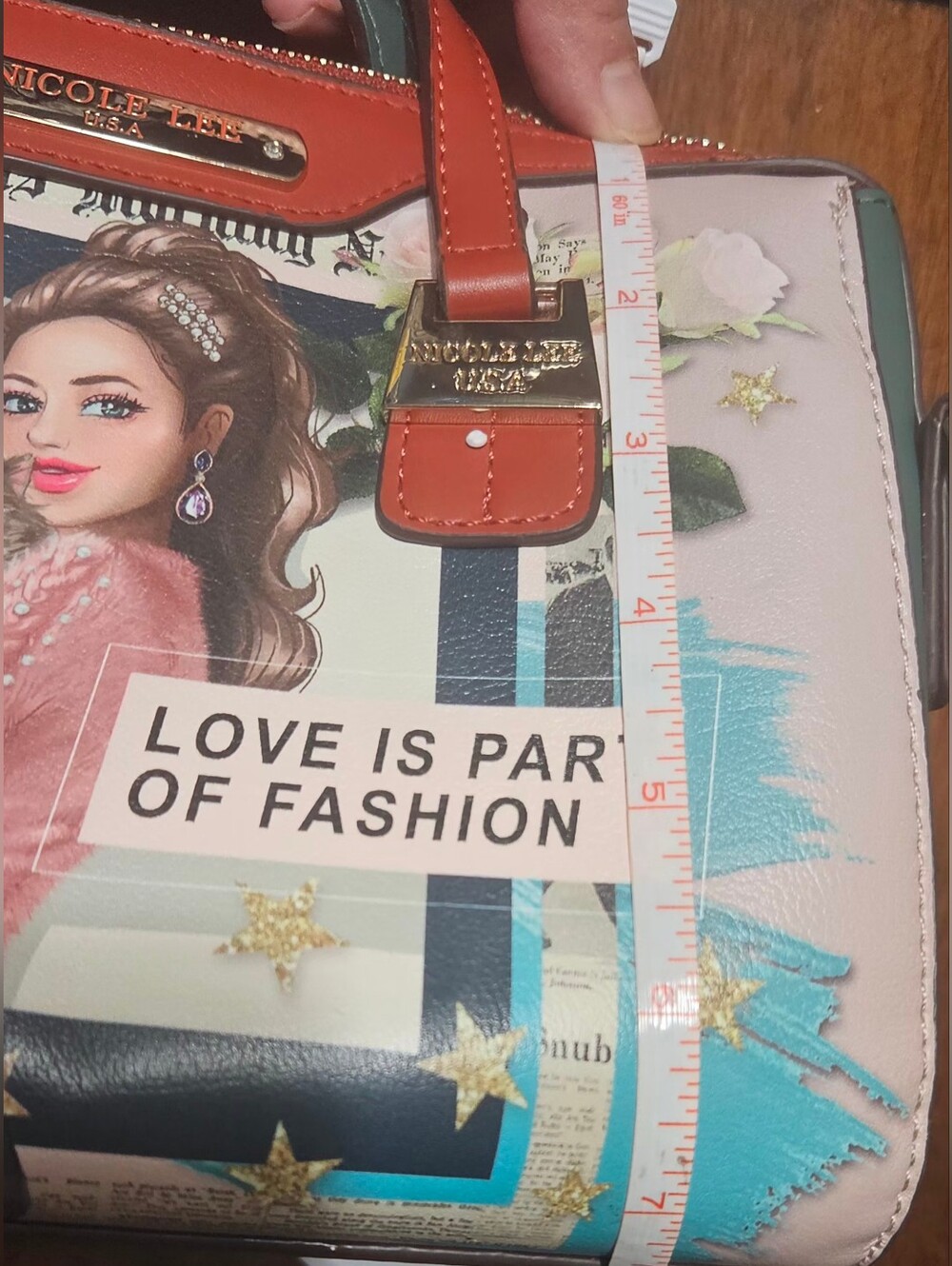 Nicole Lee Pink & Teal Illustrated Satchel Crossbody with Cell Phone Case - Picture 3 of 7